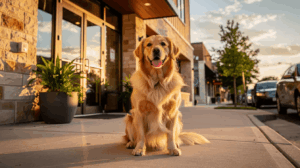 Owner checking in with dog at a dog-friendly Austin hotel