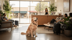 Golden retriever arriving at a dog-friendly Austin hotel