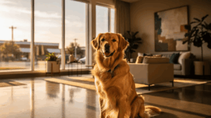 Dog resting beside a bed in a dog-friendly Austin hotel