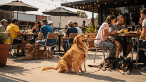Owner dining with a dog at a dog-friendly Austin restaurant