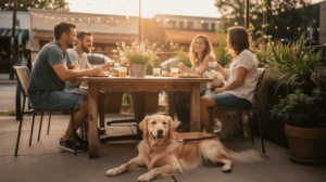 Dog relaxing on a dog-friendly restaurant patio in Austin